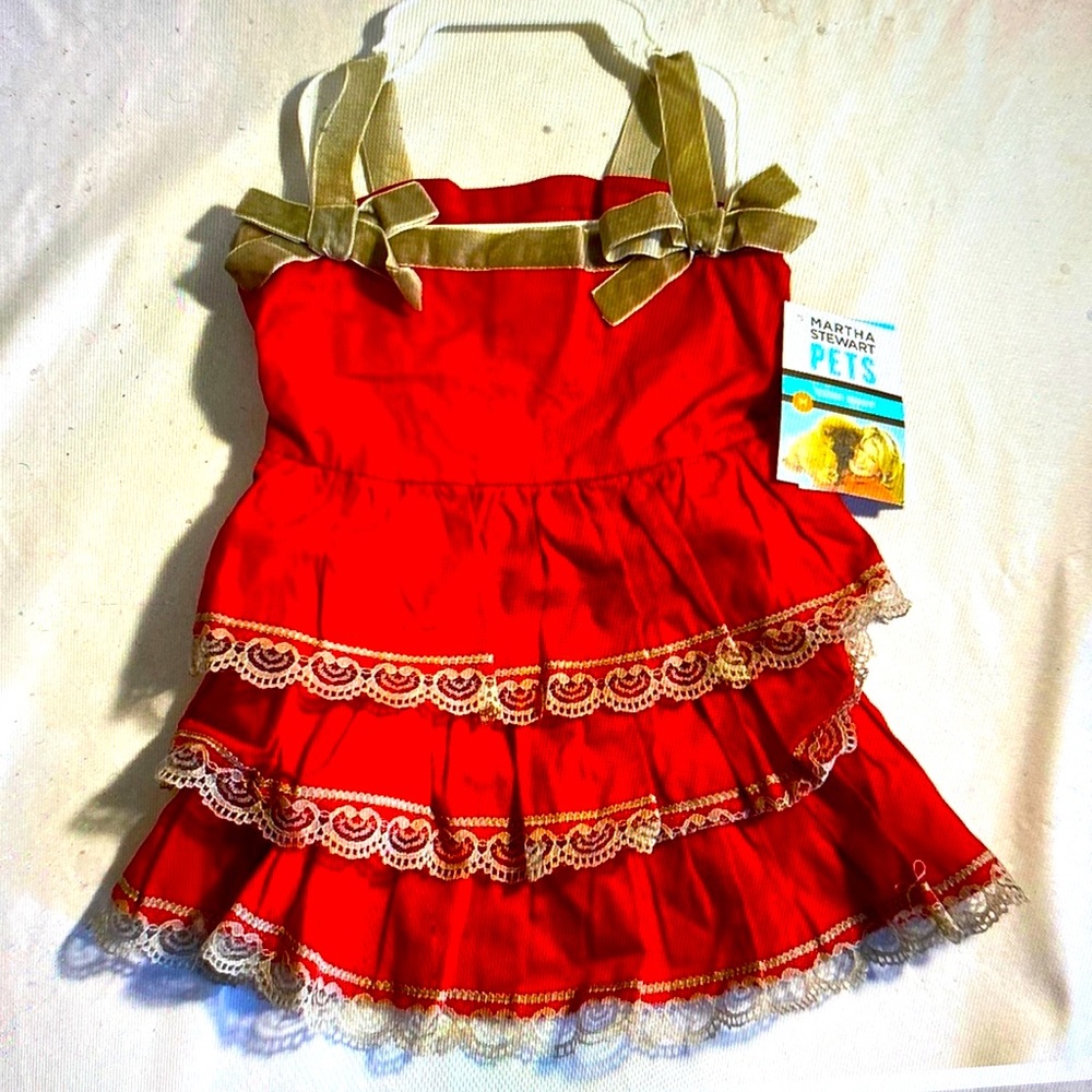 New Medium dog party dress red ruffles gray velvet straps